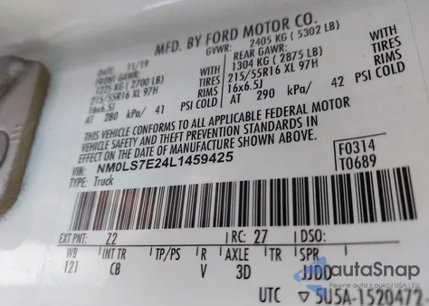 2020 Ford Transit Connect Xl z USA, uszkodzony, nr VIN NM0LS7E24L1459425